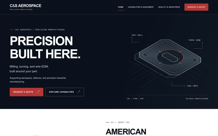 C&S Aerospace website showing its manufacturing capabilities and quote-request navigation